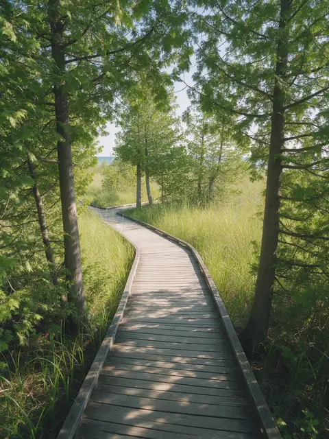 A wooden boardwalk trail through cedars and marsh grass