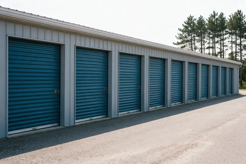 Representative photo of a row of storage units with roll-up doors